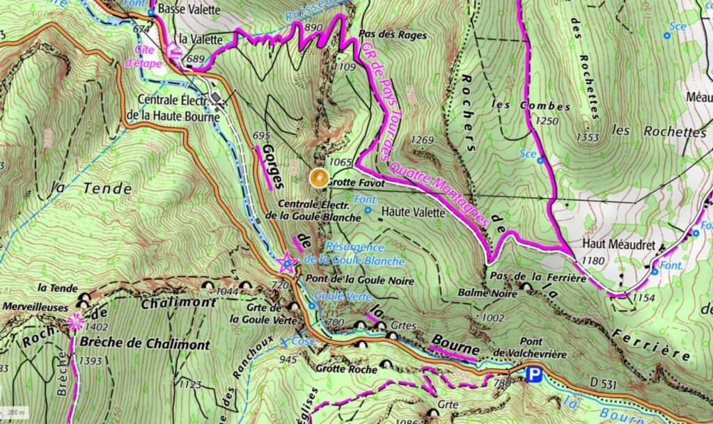 Carte topo avec localisation grotte favot